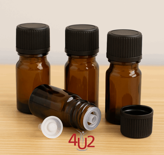 בקבוקוני זכוכית ענבר 5 מ"ל עם מכסה שחור